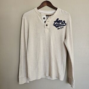 Aeropostale Y2K Henley Spellout Logo Mens M Oatmeal Blue Ribbed Long Sleeve